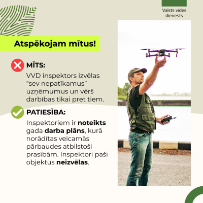 Mīts: VVD inspektors izvēlās "sev nepatīkamus" uzņēmumus un vērš darbības tikai pret tiem (foto ar inspektoru VVD formā un dronu) un mīta atspēkojums