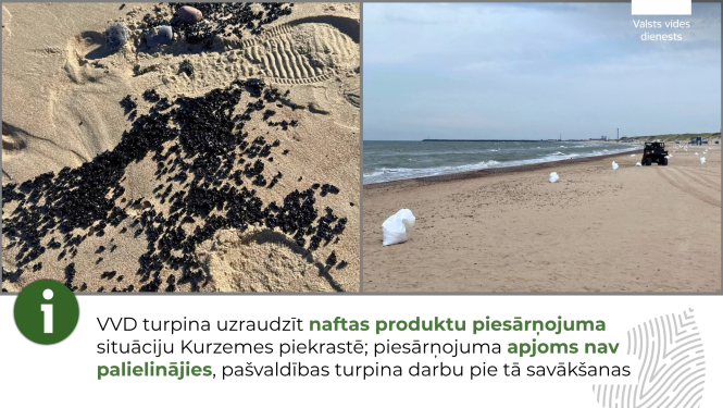 VVD turpina uzraudzīt situāciju saistībā ar naftas produktu piesārņojumu Kurzemes piekrastē; piesārņojuma apjoms nav palielinājies, pašvaldības turpina darbu pie tā savākšanas