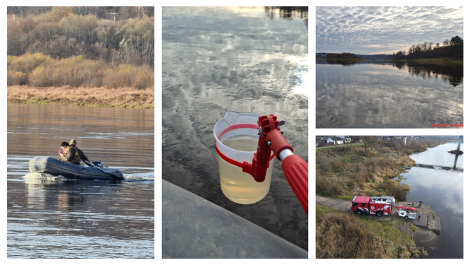 Foto ar Daugavas upi, inspektoriem uz laivas un spaini ar ūdeni - tiek ņemti ūdens paraugi, VUDG ekipāža arī redzama