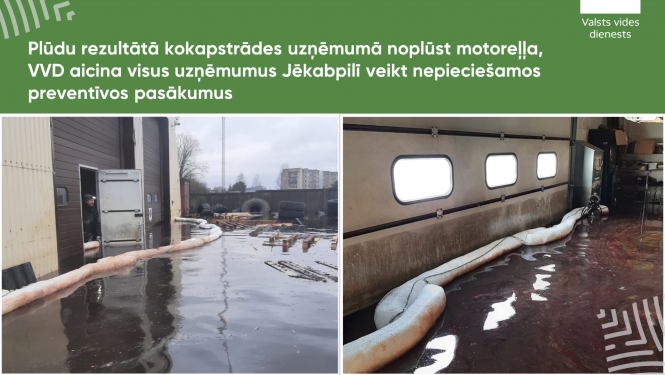 Plūdu rezultātā kokapstrādes uzņēmumā noplūst motoreļļa, VVD aicina visus uzņēmumus Jēkabpilī veikt nepieciešamos preventīvos pasākumus