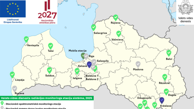 Attēls: Radiācijas monitoringa staciju sistēma un to izvietojums pēc modernizācijas 2025. gada decembrī. Valsts vides dienests.