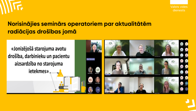 Norisinājies seminārs operatoriem par aktualitātēm radiācijas drošības jomā - ekrāuzņēmumi no semināra uz dzeltena fona