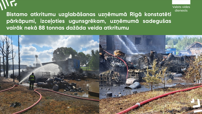 Bīstamo atkritumu uzglabāšanas uzņēmumā Rīgā konstatēti pārkāpumi, izceļoties ugunsgrēkam, uzņēmumā sadegušas vairāk nekā 88 tonnas dažāda veida atkritumu