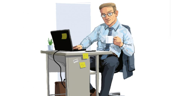 Zīmēts attēls ar vīrieti pie darba galda