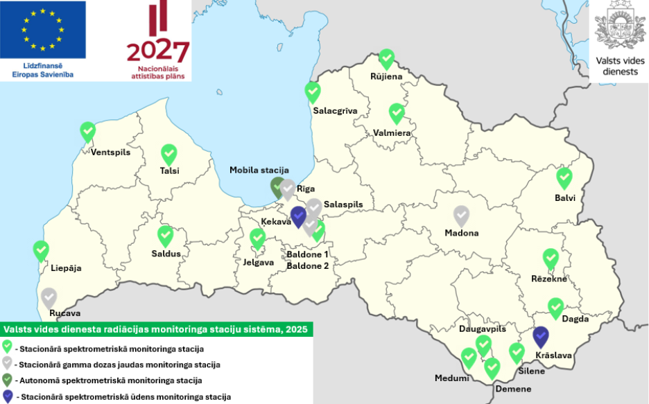 adiācijas monitoringa staciju sistēma un to izvietojums pēc modernizācijas 2025. gada decembrī.