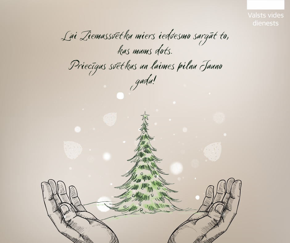 Valsts vides dienests novēl priecīgus Ziemassvētkus un laimīgu Jauno gadu! - apsveikuma kartīte ar zaļu eglīti cilvēka plaukstās