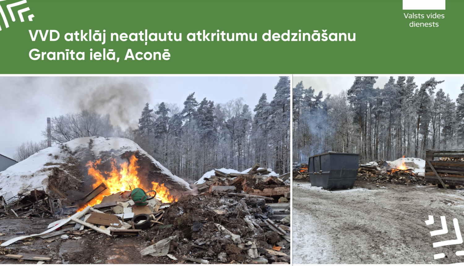 VVD atklāj neatļautu atkritumu dedzināšanu Granīta ielā, Aconē