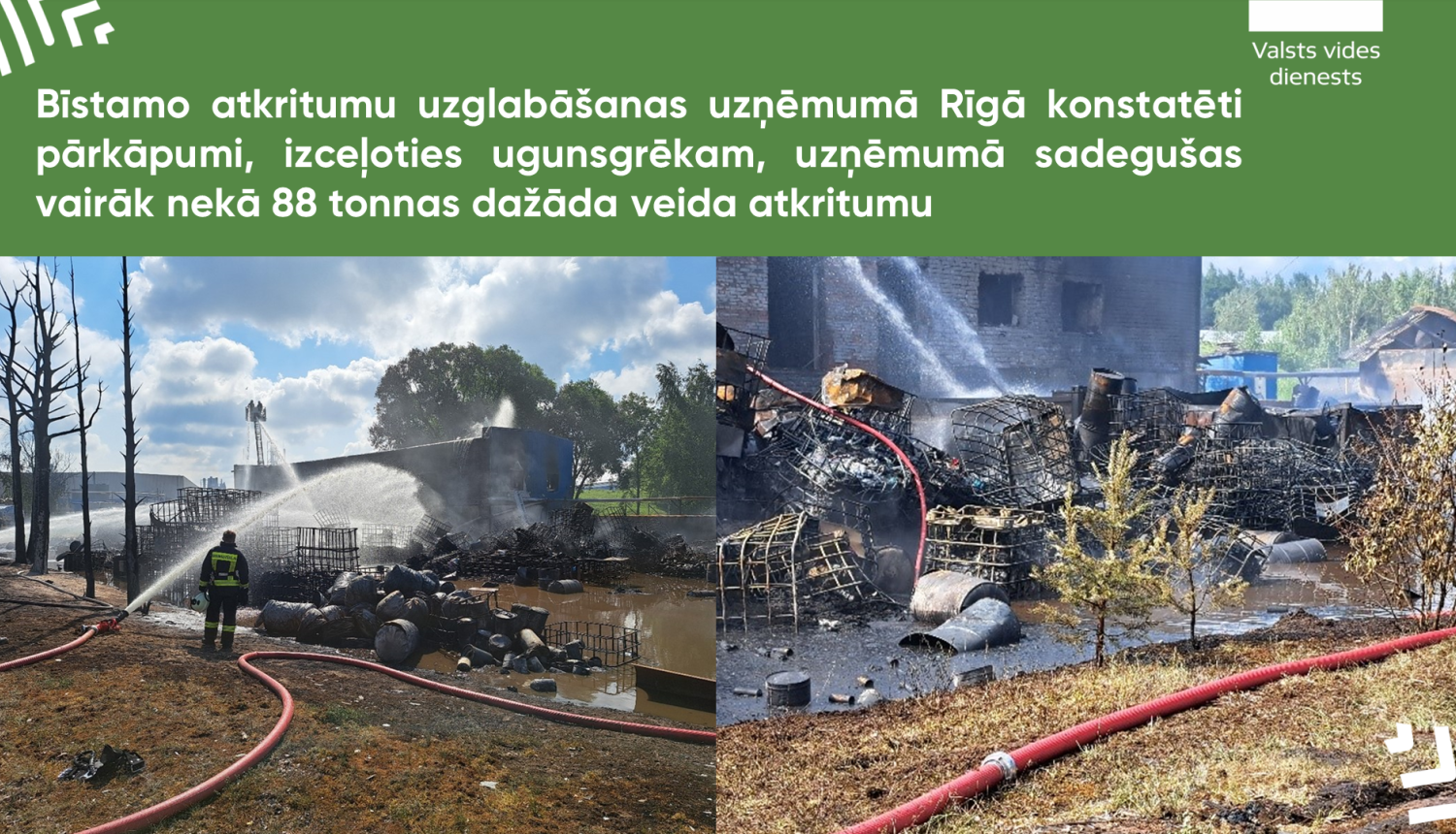 Bīstamo atkritumu uzglabāšanas uzņēmumā Rīgā konstatēti pārkāpumi, izceļoties ugunsgrēkam, uzņēmumā sadegušas vairāk nekā 88 tonnas dažāda veida atkritumu