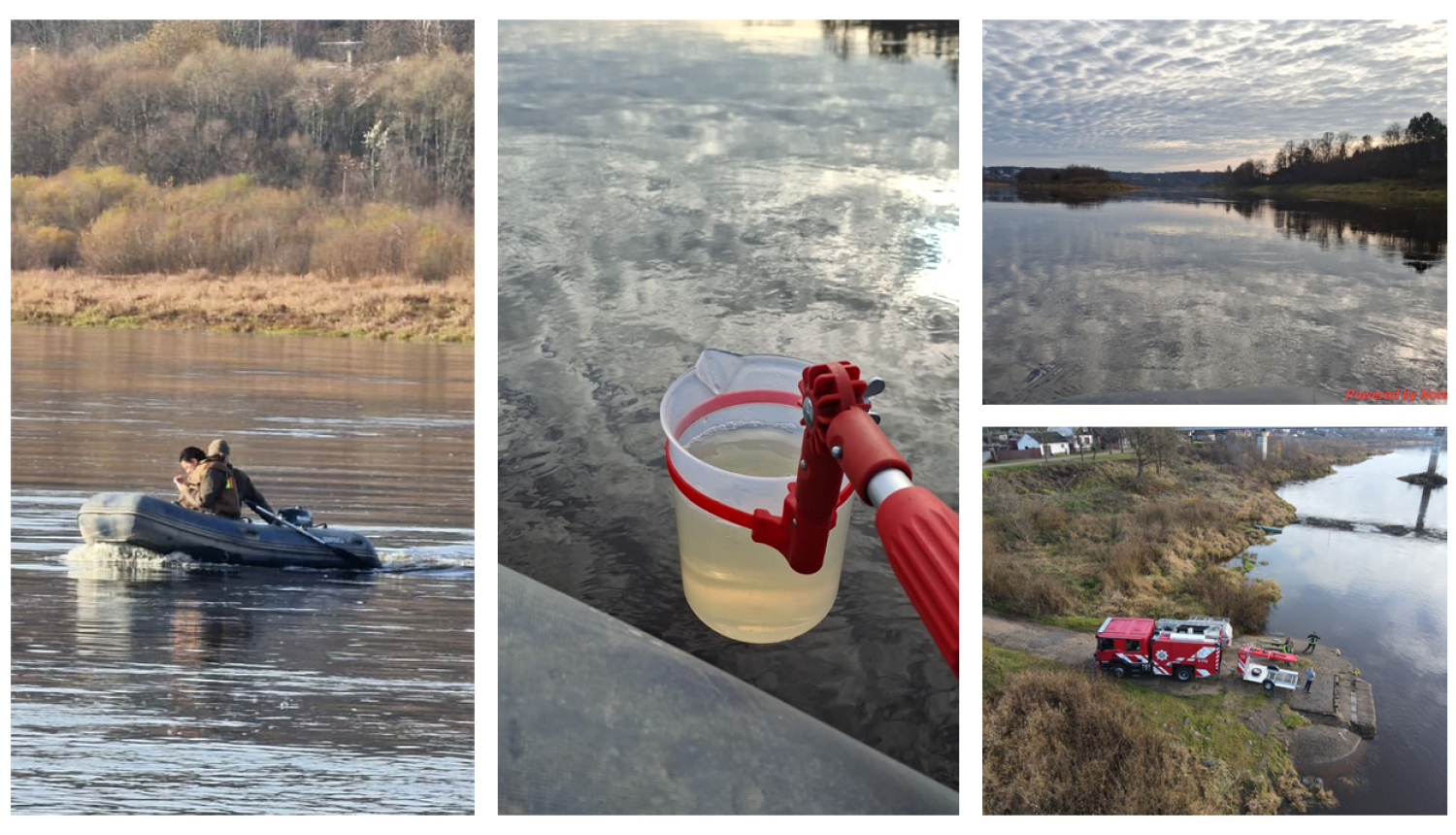 Foto ar Daugavas upi, inspektoriem uz laivas un spaini ar ūdeni - tiek ņemti ūdens paraugi, VUDG ekipāža arī redzama